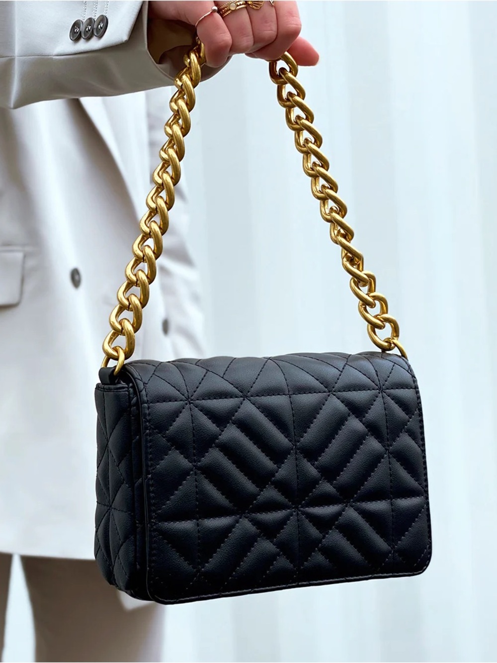 Zara Quilted Black Shoulder Bag with Gold Chain